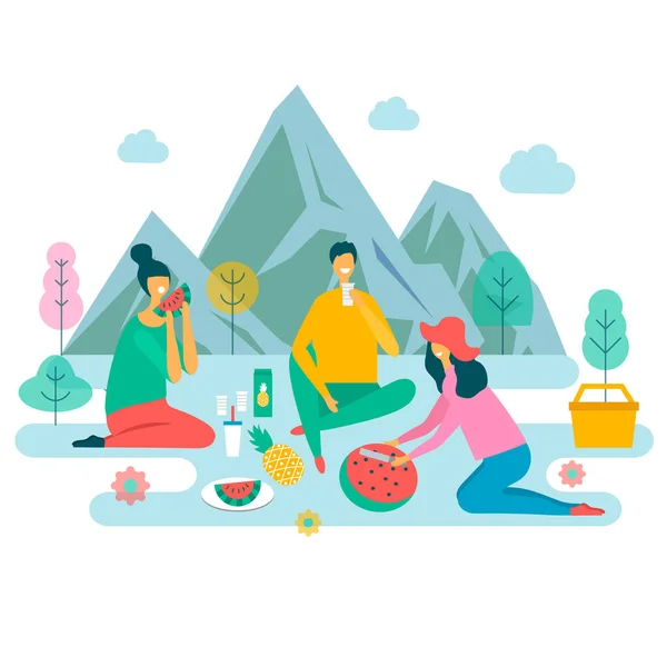 Familia en un picnic en la naturaleza sobre fondo blanco — Vector de stock