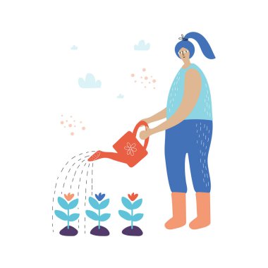 Sulama kabından çiçek sulayan kız İskandinav tarzında çizilmiş düz bir elle