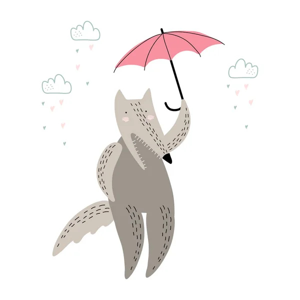 Cute wolf with umbrella under the rain isolated on white — Stockvector