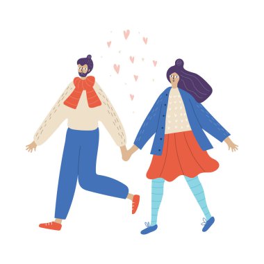 Young couple walks in winter vector illustration