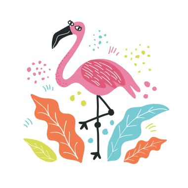 Beyaz arka planda yaprakları olan pembe flamingo.