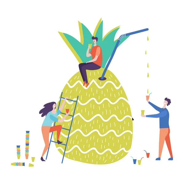 La gente consigue y bebe la ilustración del vector del jugo de piña — Vector de stock