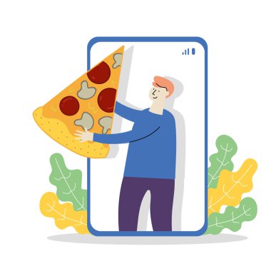 Kız telefon vektör illüstrasyonunda pizza tutuyor