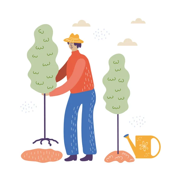 Homem trabalha no jardim em calças azuis vetor ilustração — Vetor de Stock