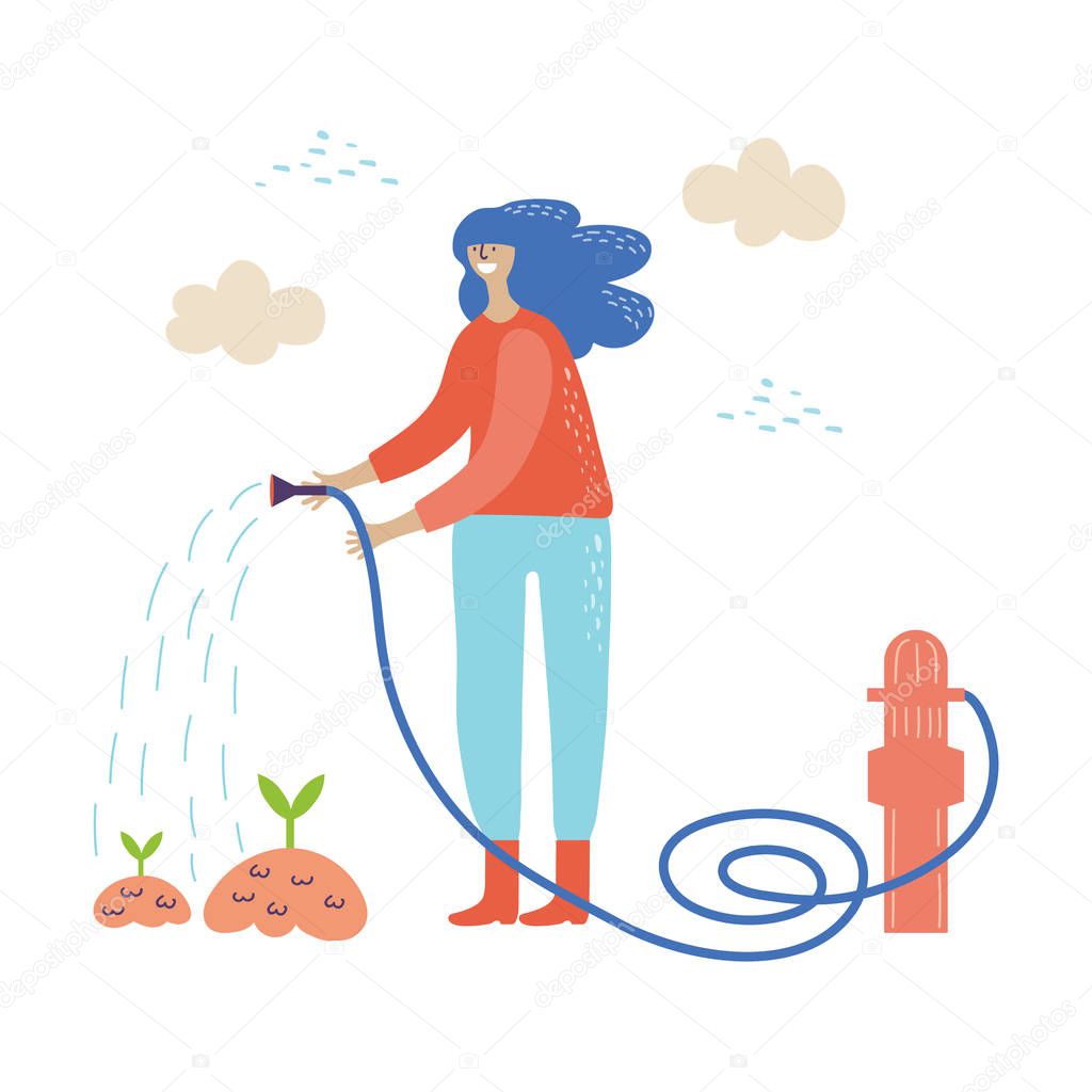 girl works in the garden vector illustration