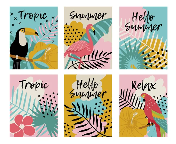 Set of tropical birds and flowers vector — Stockvector