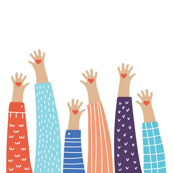 Vector cartoon illustration of people gathering hands — Stockvector