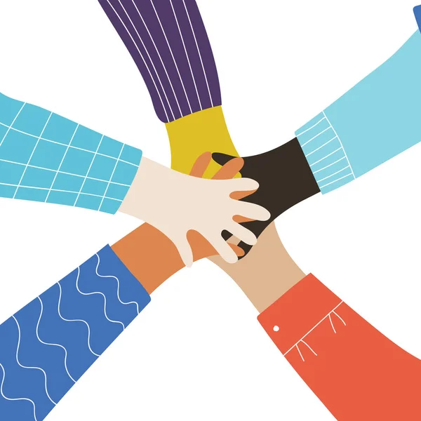 Vector cartoon illustration of people gathering hands - Stock Image -  Everypixel