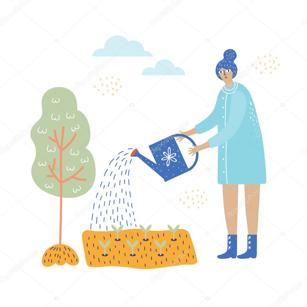 girl works in the garden with plants and water can vector illustration
