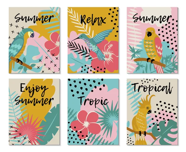 Tropical birds and tropical flowers vector set — Stock Vector