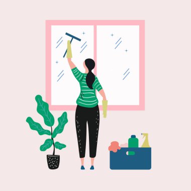 cute woman cleaning in house vector illustration