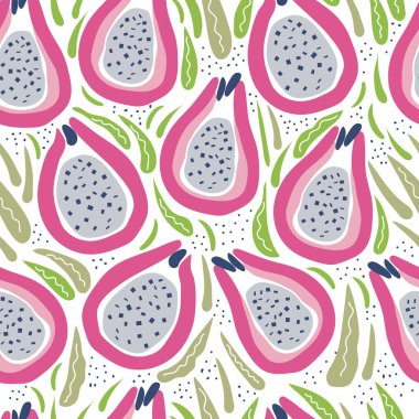 pitaya with green leaves vector seamless pattern