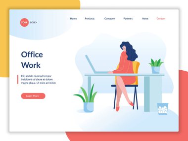 Kadın, beyaz arka plan vektör çiziminde bilgisayarın başında oturuyor.