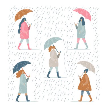 set of women under umbrellas vector illustration
