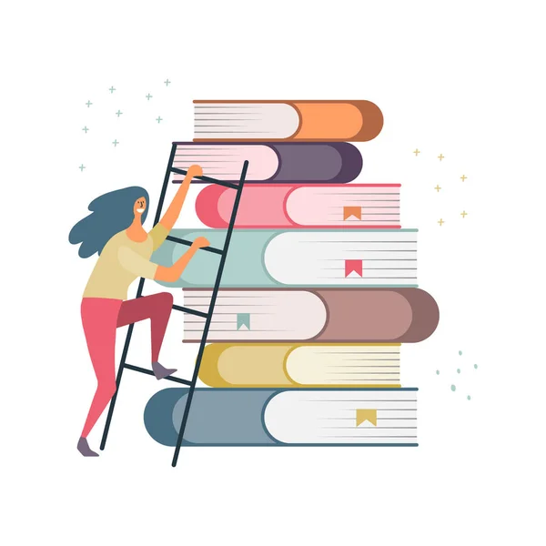Girl climbs stairs to knowledge on a stack of books vector illustration — Stok Vektör