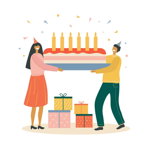 Woman gives a man a birthday gift vector illustration — Stockvector