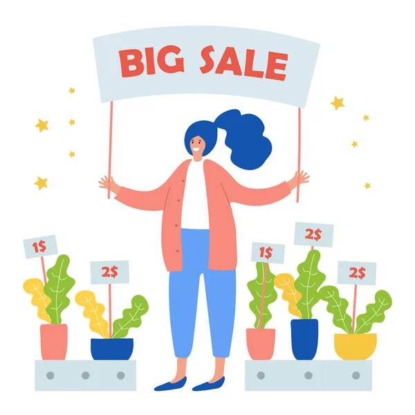 Vrouw verkoopt bloemen, grote verkoop vector illustratie — Stockvector