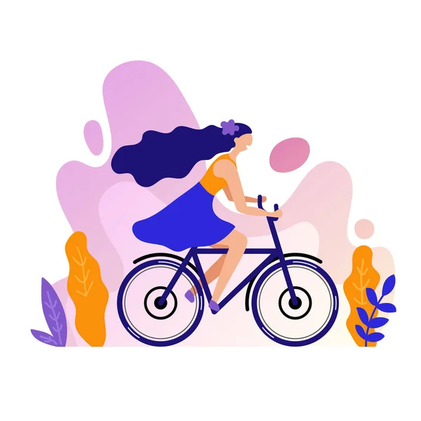 Frau fährt Fahrrad-Vektor-Illustration auf weißem Hintergrund — Stockvektor