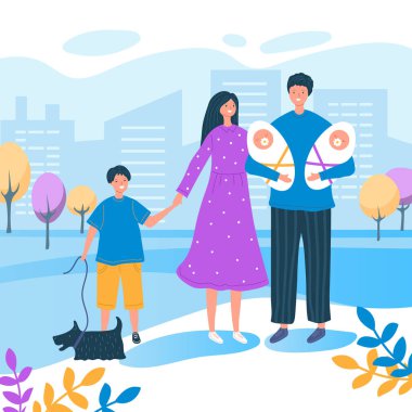 Mutlu aile şehir vektör illüstrasyonunda geziniyor.