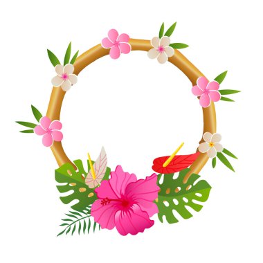 Beyaz arkaplan vektörü illüstrasyonunda tropik çiçekli bambu çerçeve
