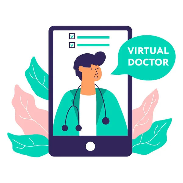 Médico virtual en el teléfono inteligente, ilustración del vector de aislamiento en casa Gráficos Vectoriales