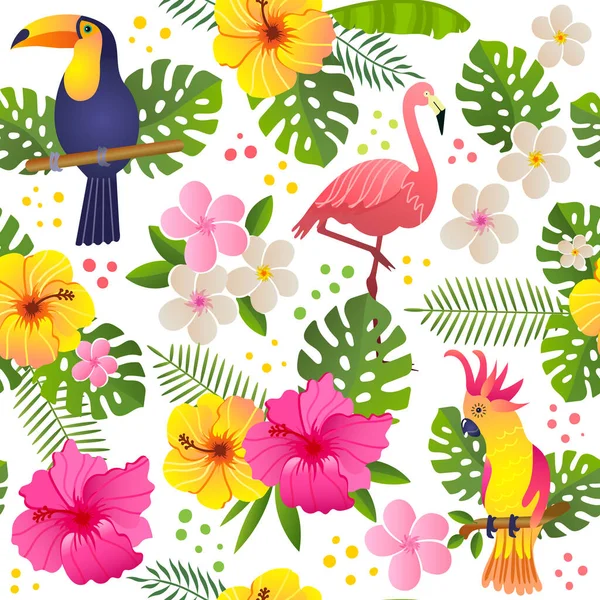 Tucán y loro se sienta en una rama floreciente vector ilustración patrón sin costura Ilustración De Stock