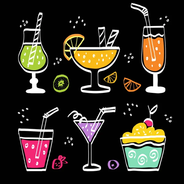 Cocktails de verão em fundo preto ilustração vetorial —  Vetores de Stock