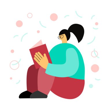 Gözlüklü kız kitap vektörü çizimi okuyor