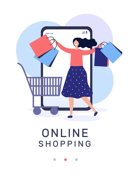 Žena s balíčky a nápisem online nakupování vektorové ilustrace Stock Ilustrace