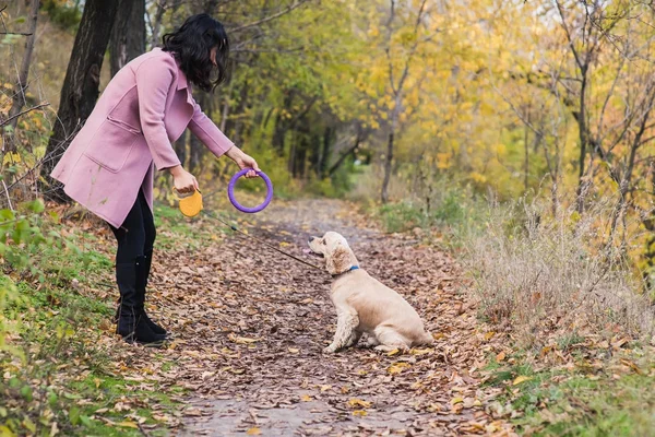 Menina asiática andando com seu cão no parque — Fotografia de Stock