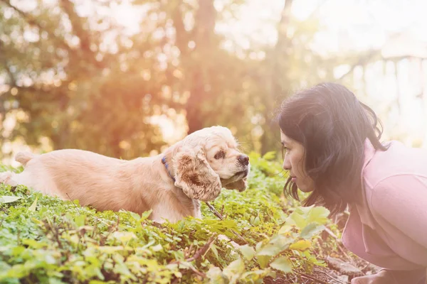 Asian woman with dog in park — Stock Photo, Image