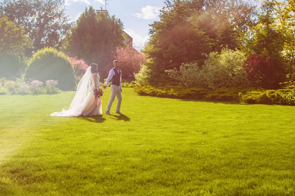 Belo casal apenas casado andando no prado — Fotografia de Stock