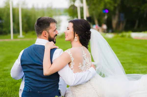 Усміхнена весільна пара ззаду на відкритому повітрі — стокове фото