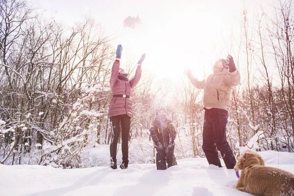 Lycklig familj kasta snö vid solnedgången i vinter skog — Stockfoto