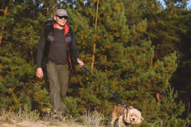 Yaşlı turistler ormanda köpeklerle yürür.