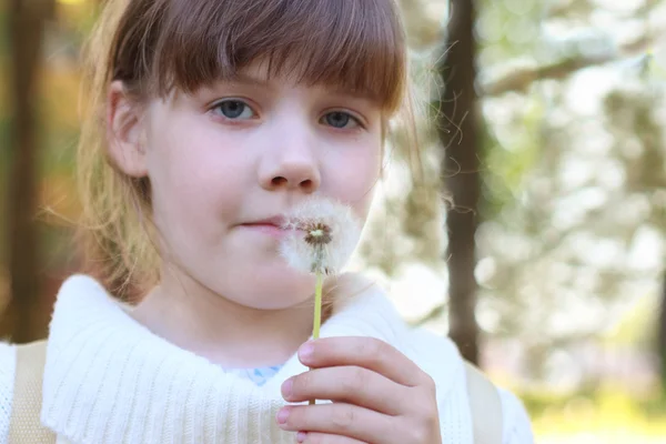 Little beautiful girl holds white dandelion outdoor in summer — Stock Photo, Image