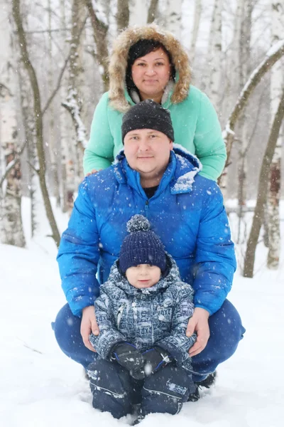 Felice madre, padre e figlio posare sulla neve durante la nevicata — Foto Stock