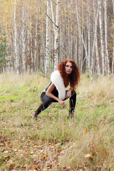 Beautiful woman with white fur poses in autumn forest with birch — Stock Photo, Image