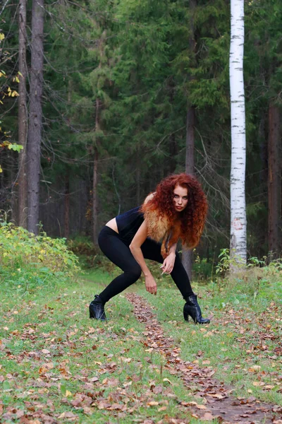 Hezká mladá žena s kožešinou představuje v podzimním lese na slunečný den — Stock fotografie