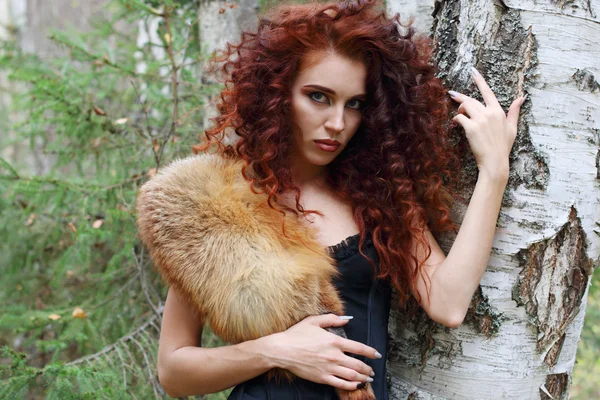 Красивая женщина в корсете с мехом стоит около березы в лесу — стоковое фото
