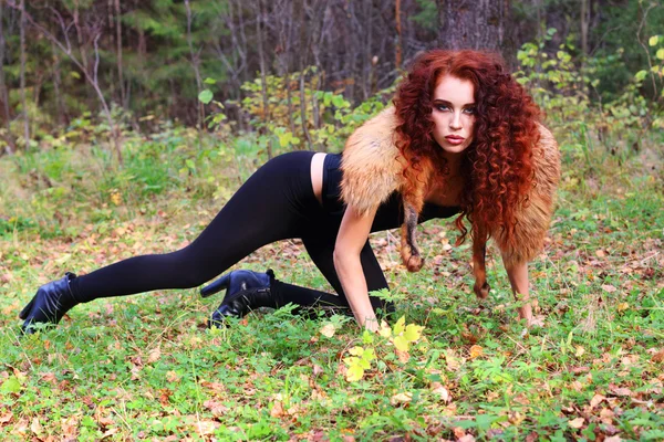 Menina bonita com cabelo encaracolado posa na grama na floresta de outono — Fotografia de Stock