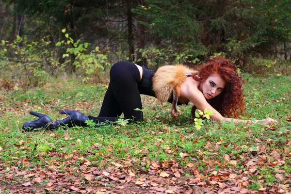 Krásná dívka s kudrnatými vlasy představuje na trávě jako zvíře — Stock fotografie