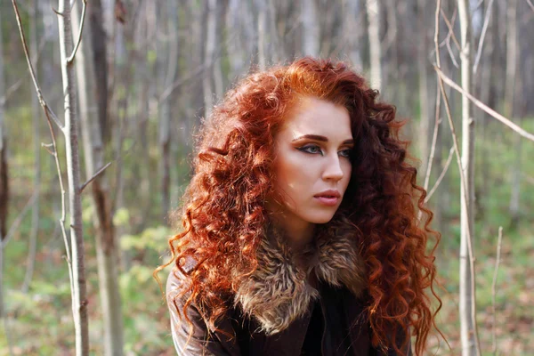 Beautiful woman with curly hair in leather jacket poses — Stock Photo, Image