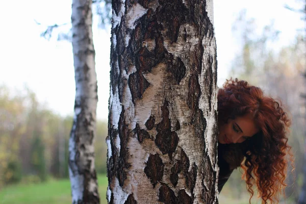 Pretty smiling woman looks out of big birch in autumn forest — Stock Photo, Image