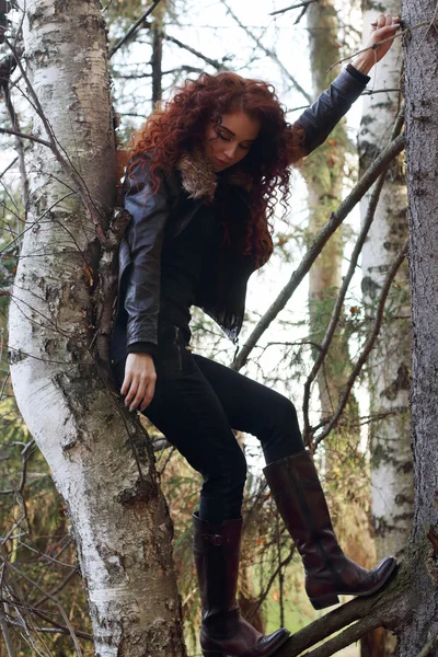 Mulher sonhando em botas com cabelo encaracolado posa no velho abeto — Fotografia de Stock