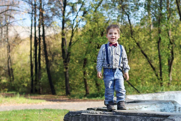 Niño sonriente con pajarita y pantalones vaqueros en verde soleado —  Fotos de Stock