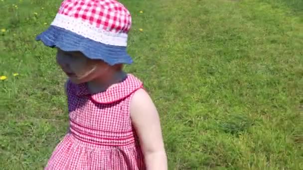 Счастливая маленькая девочка ходит по зеленой траве на лугу в солнечный летний день — стоковое видео