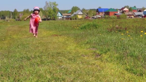 Счастливая маленькая девочка с мячом идет на зеленый луг возле деревни в солнечный летний день — стоковое видео