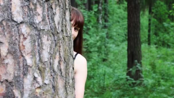 Pretty woman peeking out from behind tree in green summer forest — Stock Video