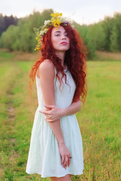 Pretty young woman in wreath and short dress poses on meadow at — Stock Photo, Image